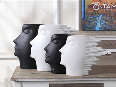 Bình hoa gốm cao cấp trắng đen mặt người CE-BG-02